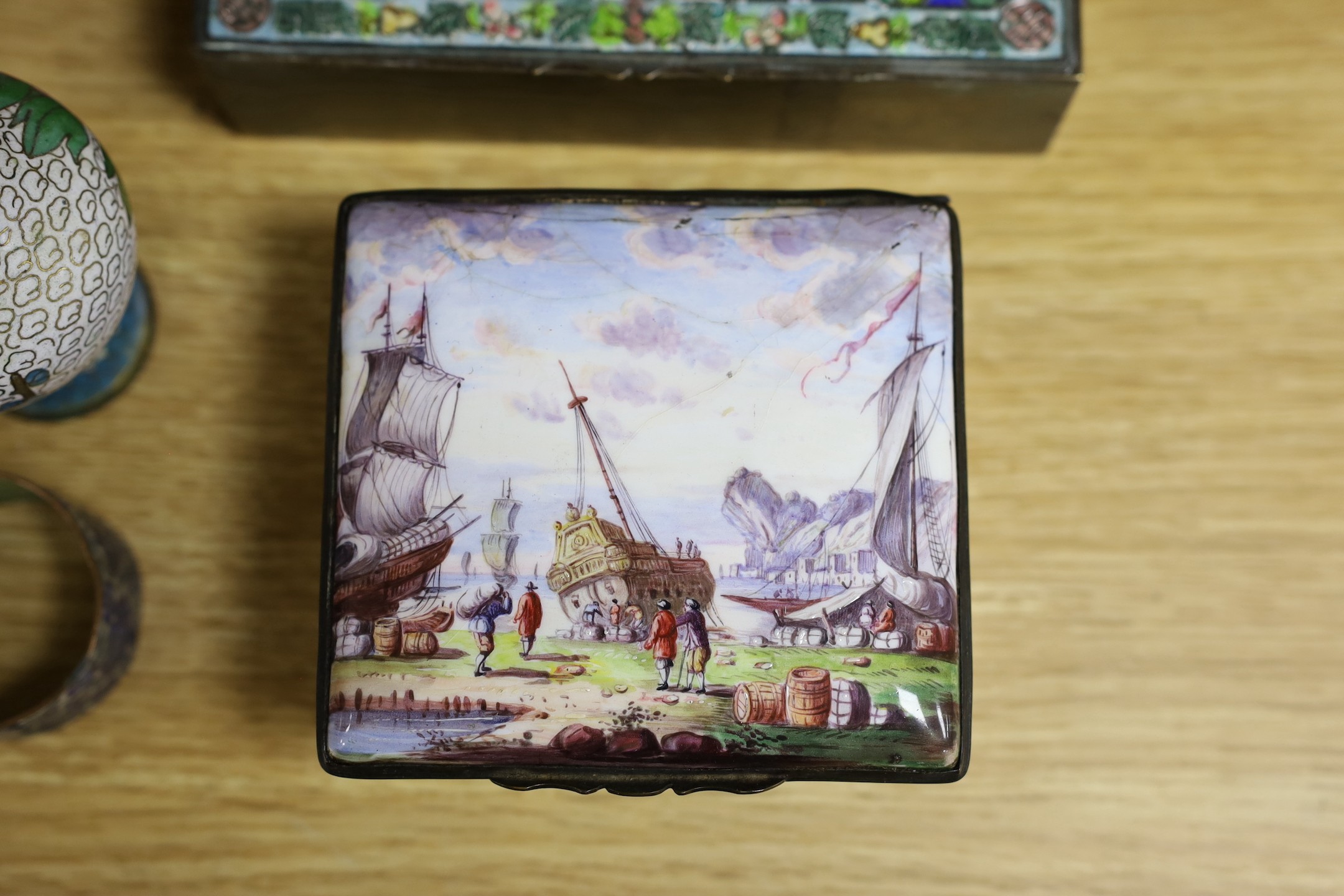 A group of Chinese and Japanese cloisonné enamel wares and a Continental enamel snuff box, largest 16cm